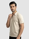 Beige Abstract Jacquard Textured Zipper Polo T-Shirt