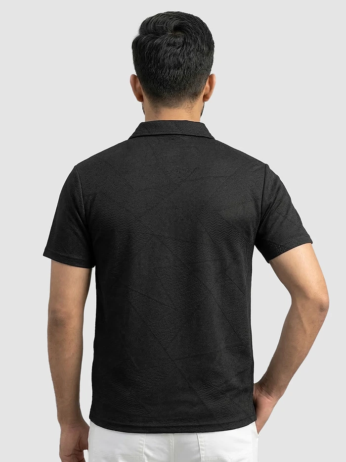 Black Abstract Jacquard Textured Zipper Polo T-Shirt