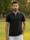 Black Abstract Jacquard Textured Zipper Polo T-Shirt