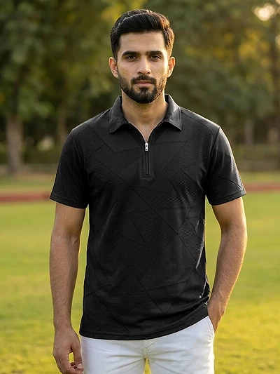 Black Abstract Jacquard Textured Zipper Polo T-Shirt