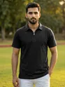 Black Abstract Jacquard Textured Zipper Polo T-Shirt