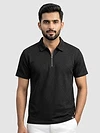 Black Abstract Jacquard Textured Zipper Polo T-Shirt