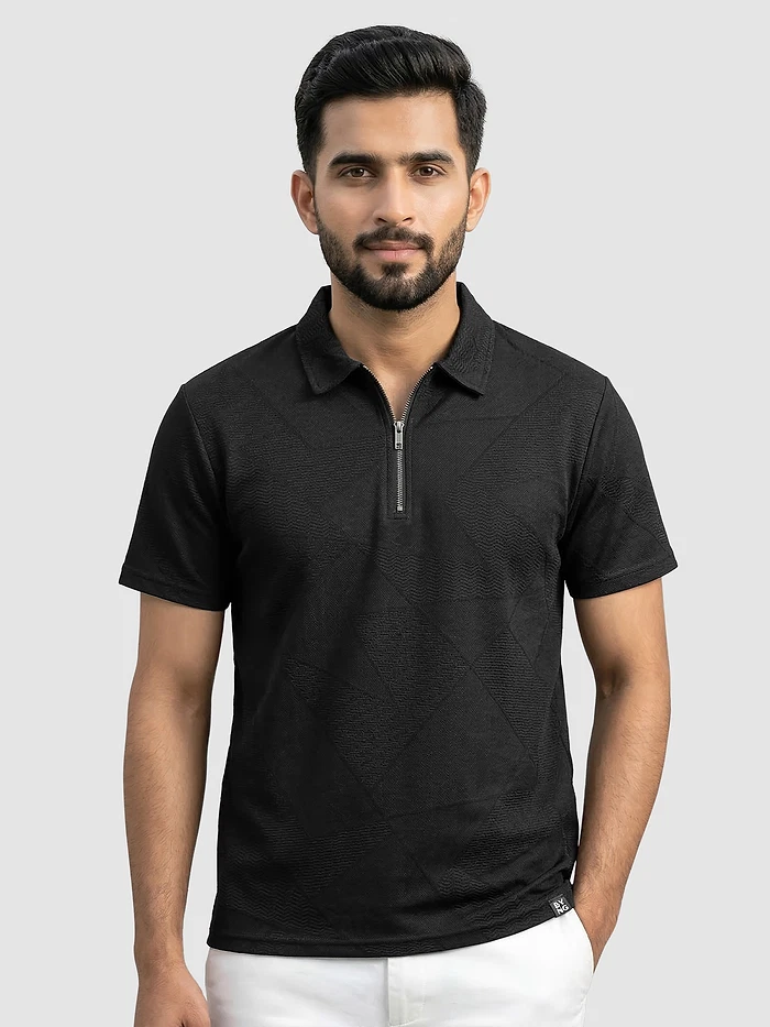 Black Abstract Jacquard Textured Zipper Polo T-Shirt