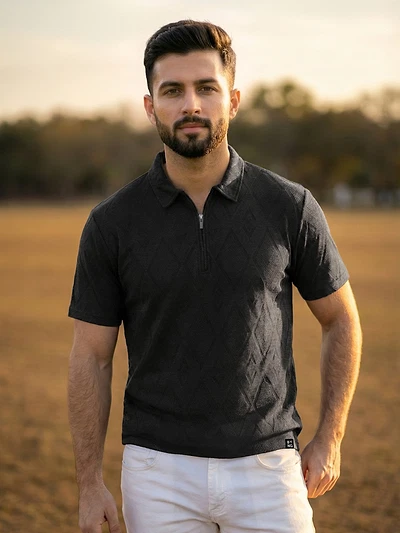Black Diamond Jacquard Textured Zipper Polo T-Shirt