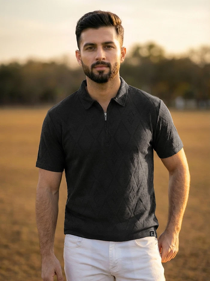 Black Diamond Jacquard Textured Zipper Polo T-Shirt