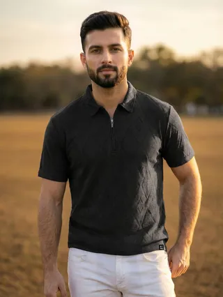 Black Diamond Jacquard Textured Zipper Polo T-Shirt