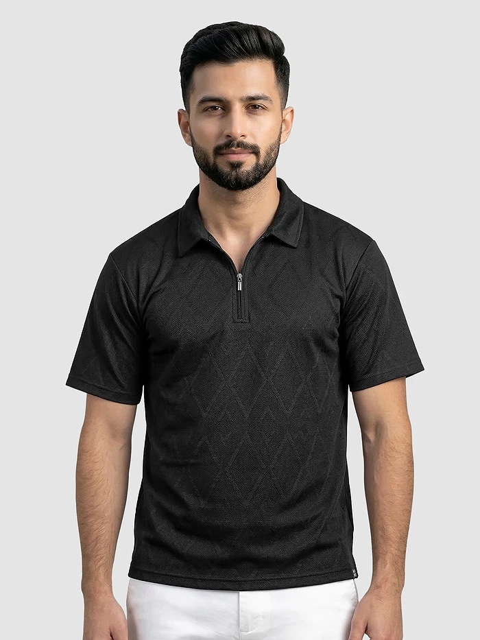 Black Diamond Jacquard Textured Zipper Polo T-Shirt