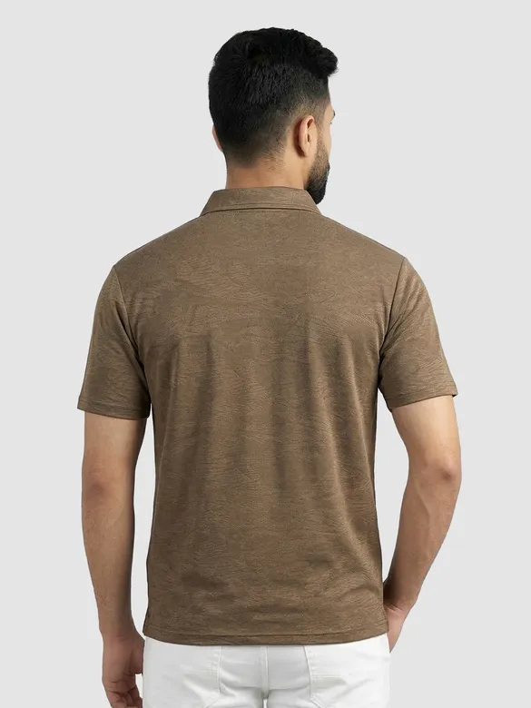 Brown Brush Stroke Jacquard Textured Zipper Polo T-Shirt