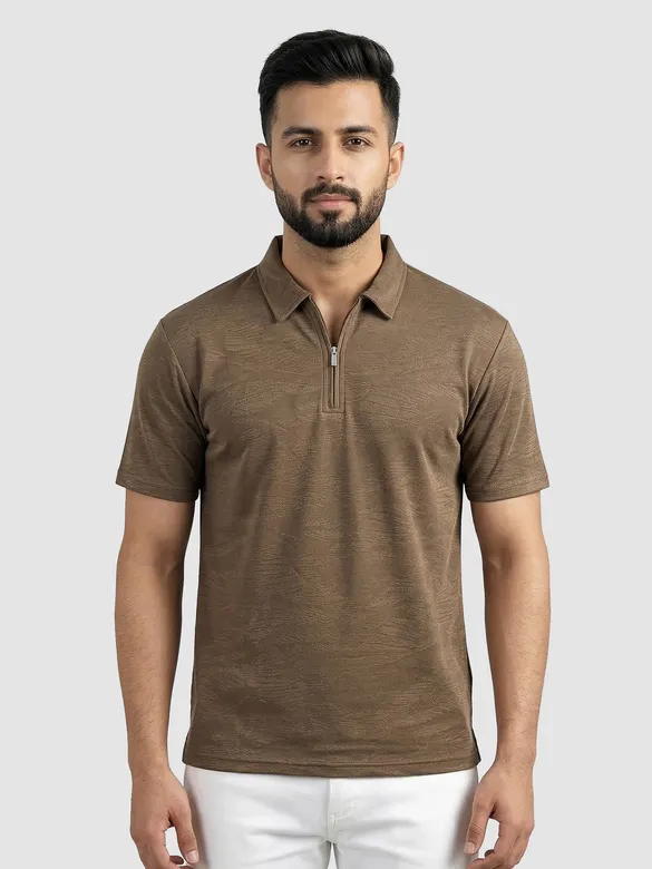 Brown Brush Stroke Jacquard Textured Zipper Polo T-Shirt
