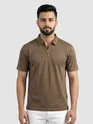 Brown Brush Stroke Jacquard Textured Zipper Polo T-Shirt