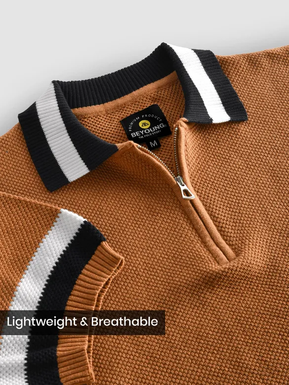 Cider Brown Contrast Striped Collar Flat Knit Polo T-Shirt