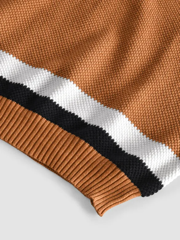 Cider Brown Contrast Striped Collar Flat Knit Polo T-Shirt