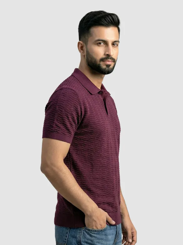 French Wine Wave Textured Flat Knit Polo T-Shirt