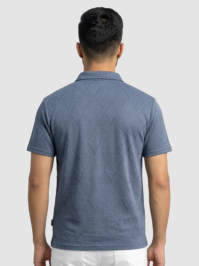 Grey Abstract Jacquard Textured Zipper Polo T-Shirt