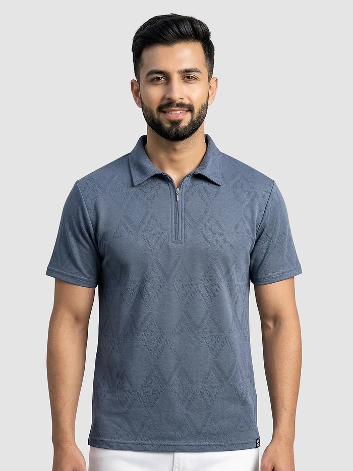 Grey Abstract Jacquard Textured Zipper Polo T-Shirt