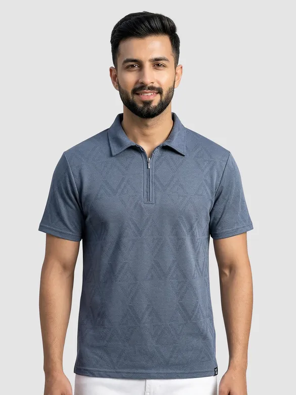 Grey Abstract Jacquard Textured Zipper Polo T-Shirt