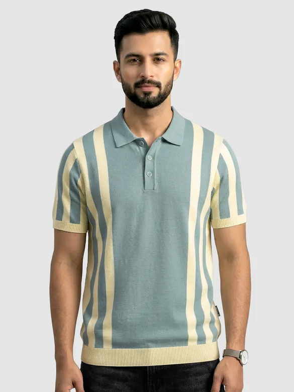 Ice Blue Vertical Striped Flat Knit Polo T-Shirt
