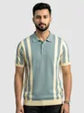 Ice Blue Vertical Striped Flat Knit Polo T-Shirt