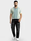 Ice Blue Vertical Striped Flat Knit Polo T-Shirt
