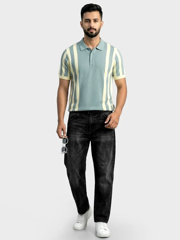 Ice Blue Vertical Striped Flat Knit Polo T-Shirt