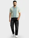 Ice Blue Vertical Striped Flat Knit Polo T-Shirt