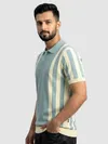 Ice Blue Vertical Striped Flat Knit Polo T-Shirt