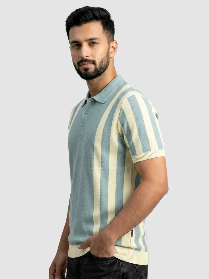 Ice Blue Vertical Striped Flat Knit Polo T-Shirt