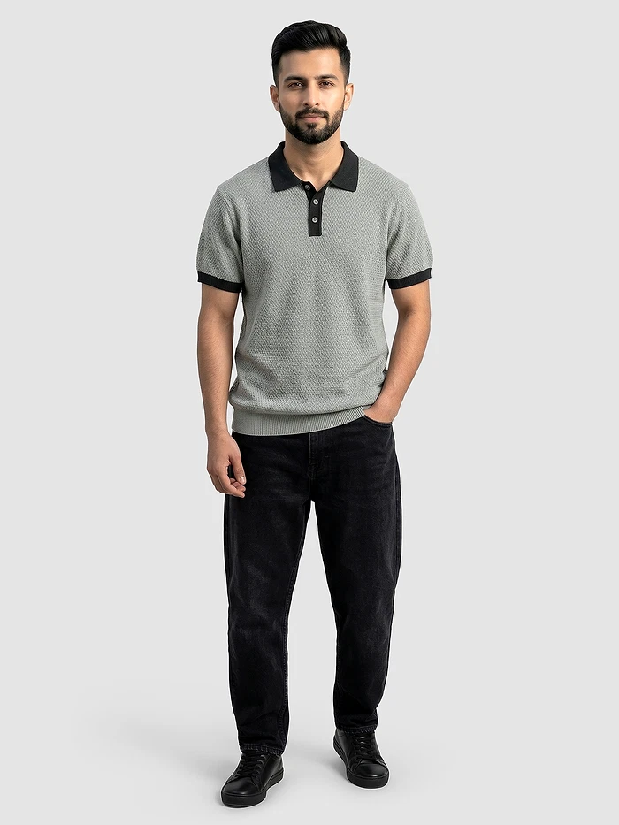 Light Grey Contrast Collar Flat Knit Polo T-Shirt