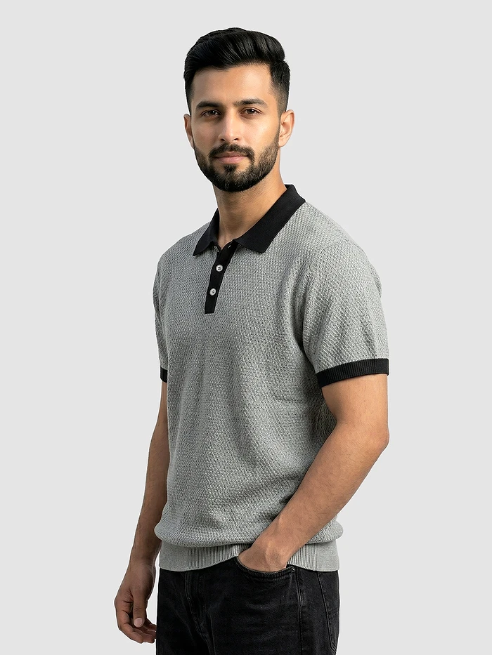 Light Grey Contrast Collar Flat Knit Polo T-Shirt