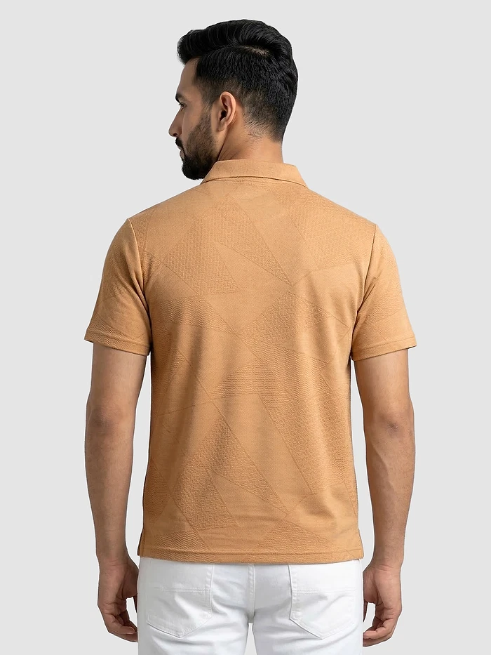 Maple Orange Abstract Jacquard Textured Zipper Polo T-Shirt