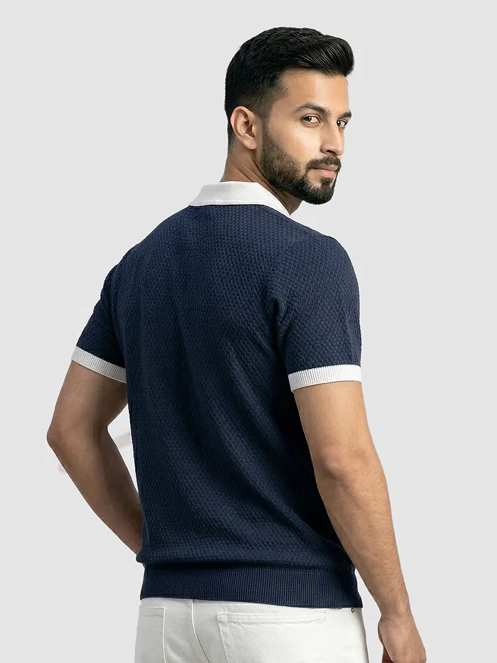 Navy Blue Contrast Collar Flat Knit Polo T-Shirt