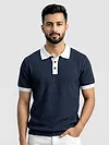Navy blue contrast collar flat knit polo t-shirt for men with short sleeves, perfect for casual and smart wear, 