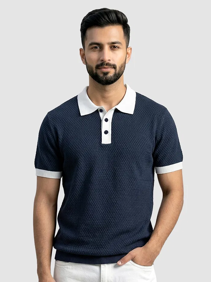 Navy blue contrast collar flat knit polo t-shirt for men with short sleeves, perfect for casual and smart wear, 