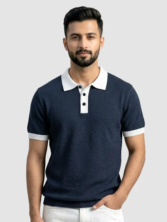Navy blue contrast collar flat knit polo t-shirt for men with short sleeves, perfect for casual and smart wear, 