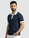 Navy Blue Contrast Collar Flat Knit Polo T-Shirt
