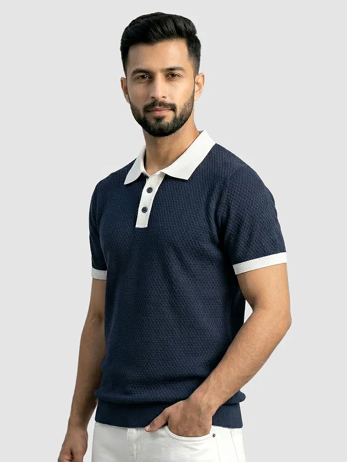 Navy Blue Contrast Collar Flat Knit Polo T-Shirt
