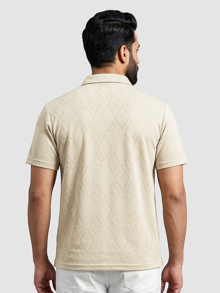 Off White Diamond Jacquard Textured Zipper Polo T-Shirt