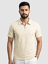 Off White Diamond Jacquard Textured Zipper Polo T-Shirt