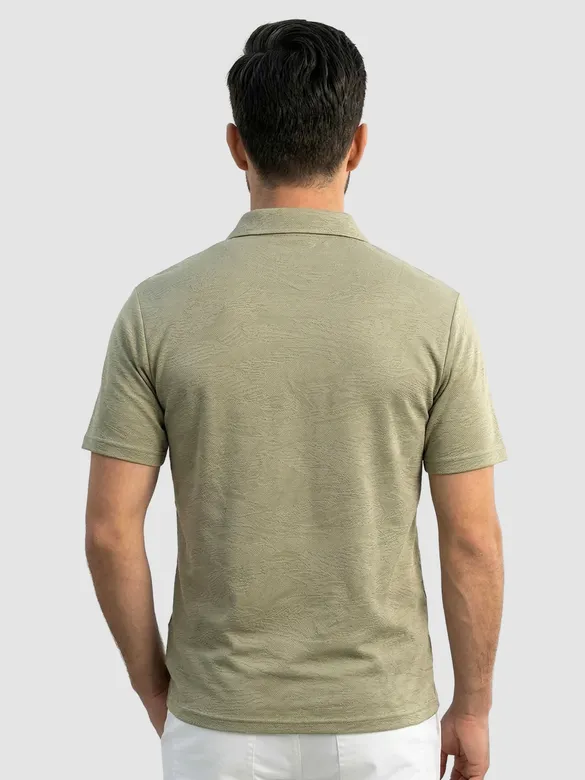 Sage Green Brush Stroke Jacquard Textured Zipper Polo T-Shirt