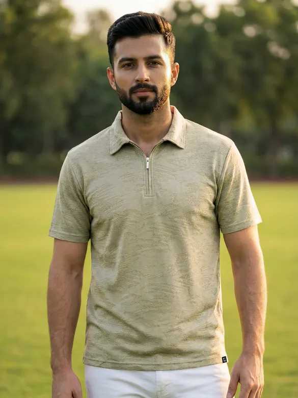 Sage Green Brush Stroke Jacquard Textured Zipper Polo T-Shirt