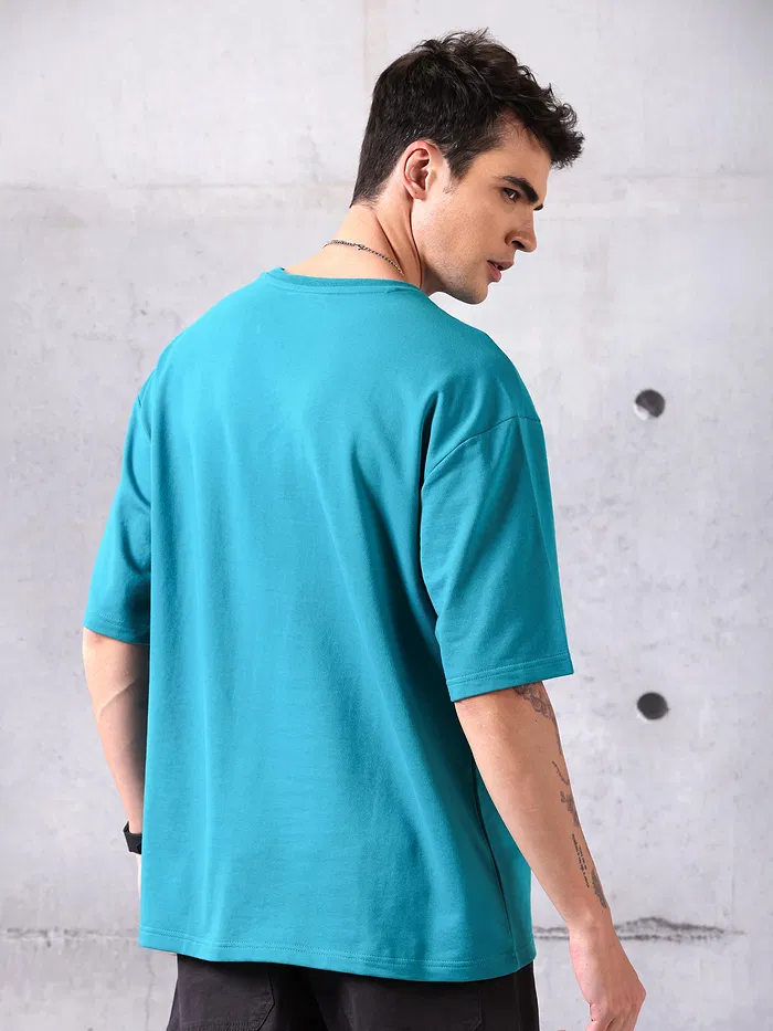 Aqua Blue Neck Embroidery Oversized T-shirt for Men