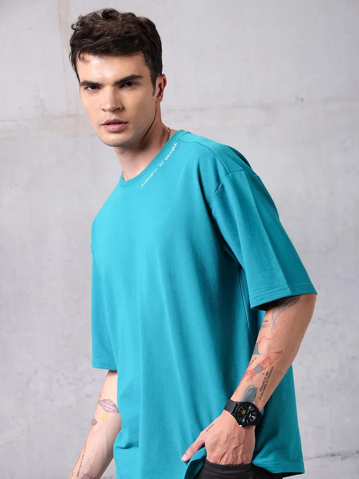 Aqua Blue Neck Embroidery Oversized T-shirt for Men
