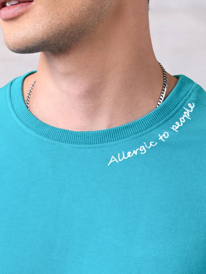 Aqua Blue Neck Embroidery Oversized T-shirt for Men