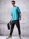 Aqua Blue Neck Embroidery Oversized T-shirt for Men
