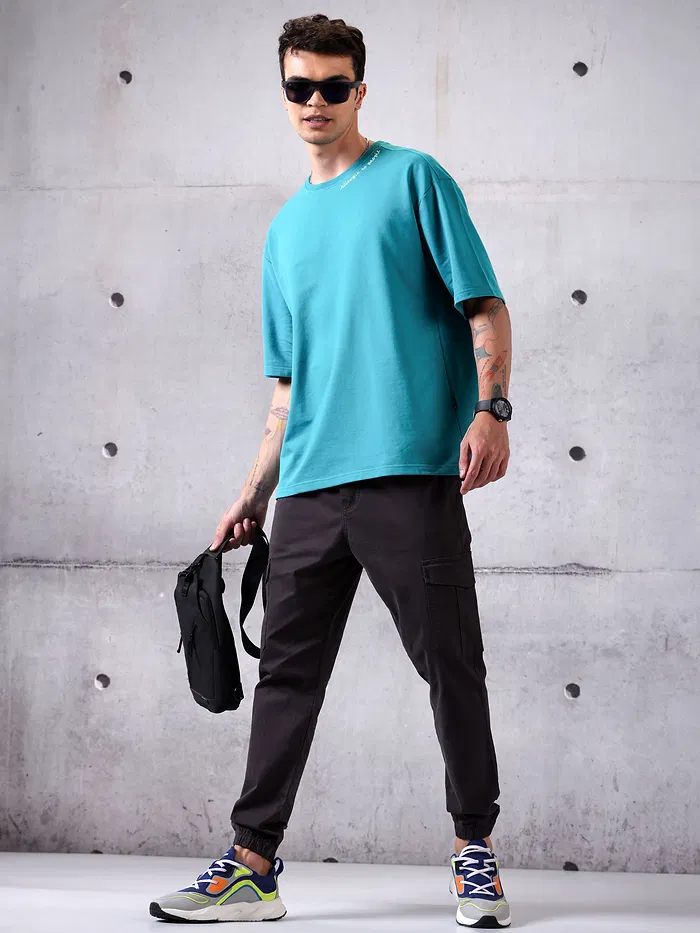 Aqua Blue Neck Embroidery Oversized T-shirt for Men