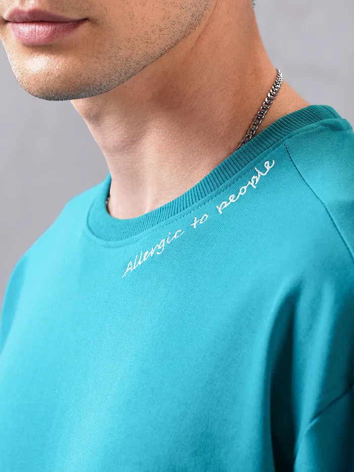Aqua Blue Neck Embroidery Oversized T-shirt for Men