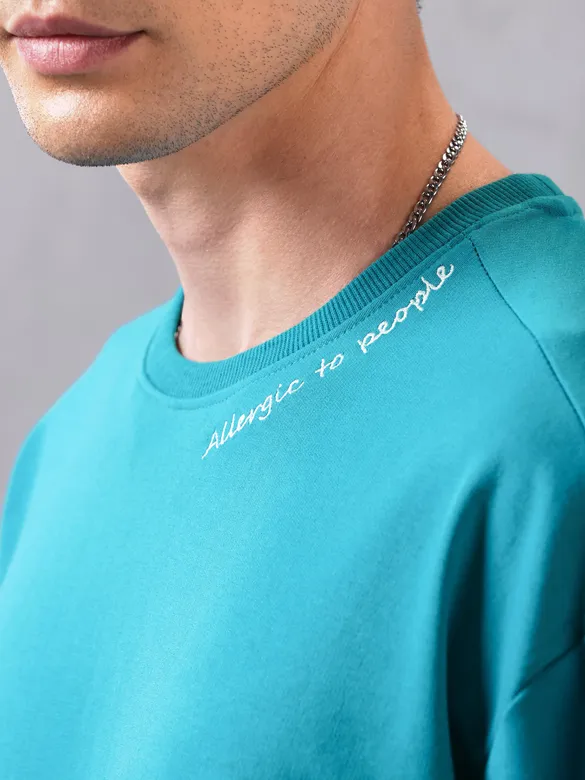 Aqua Blue Neck Embroidery Oversized T-shirt for Men