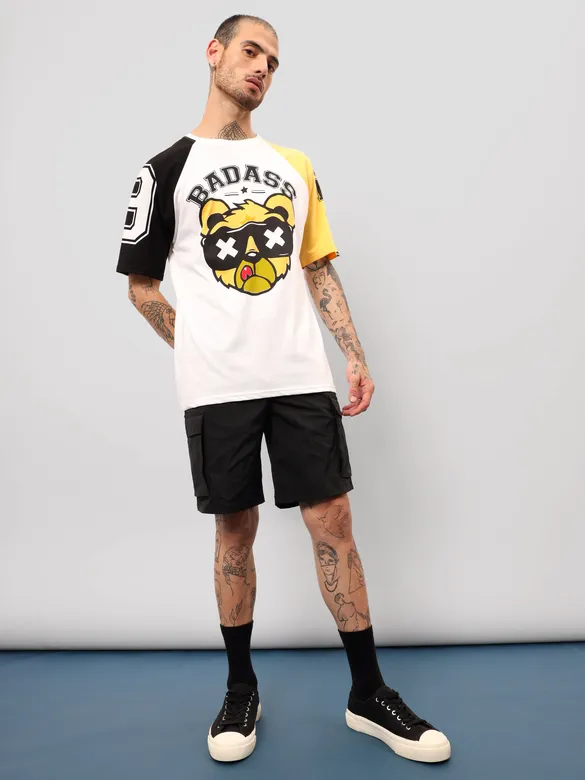 Badass White Color Block Oversized T-shirt for Men