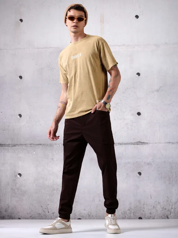 Beige Acid Wash Oversized T-Shirt for Men