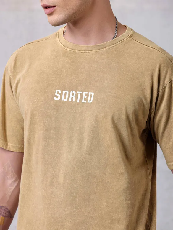 Beige Acid Wash Oversized T-Shirt for Men